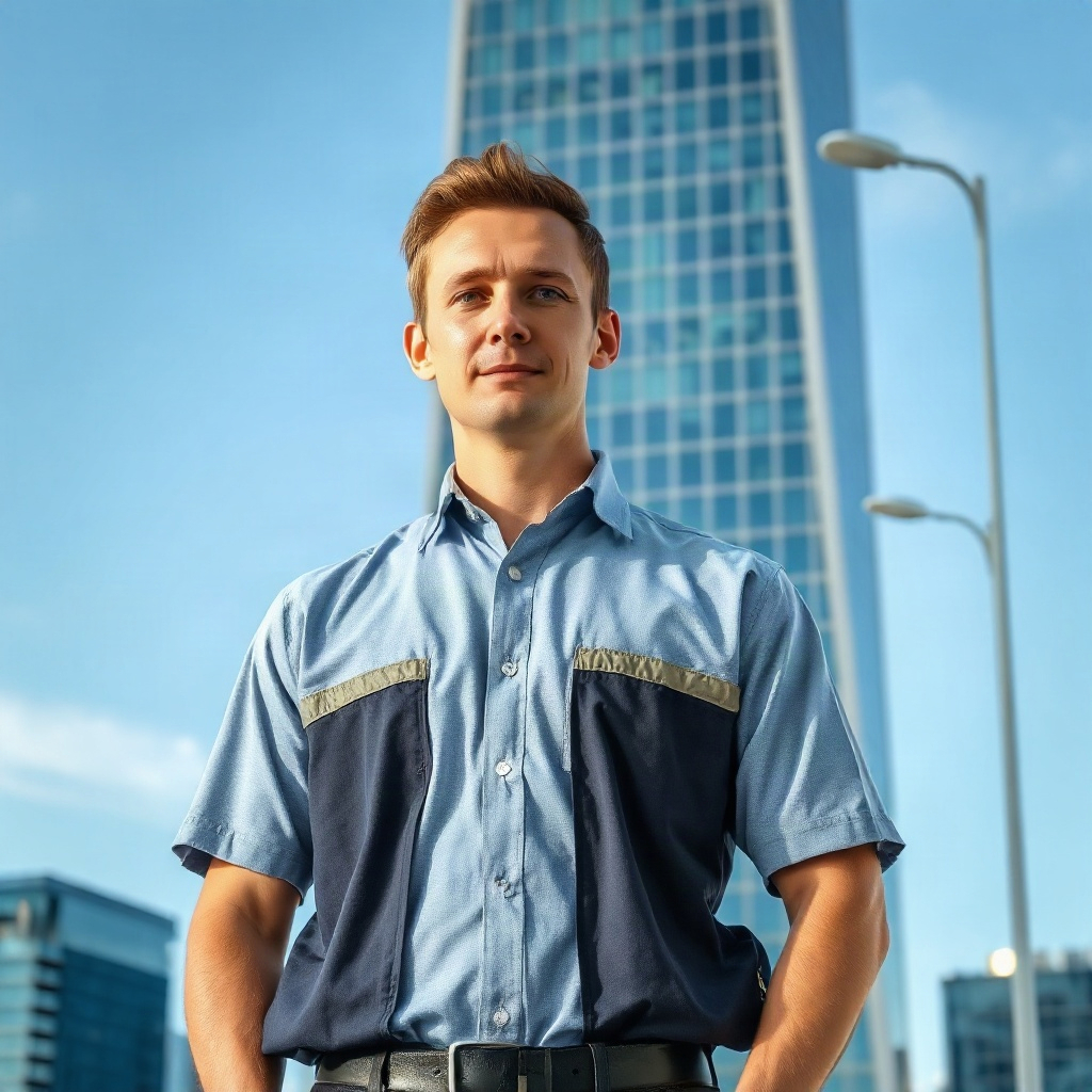 Man in work uniform standing before glass office tower